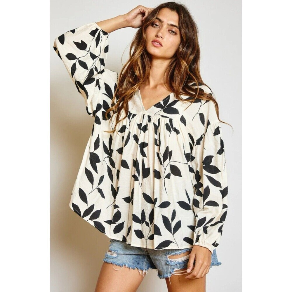 Maison Garrison Leaf print boho vneck Linen look XL*tag removed see measurements